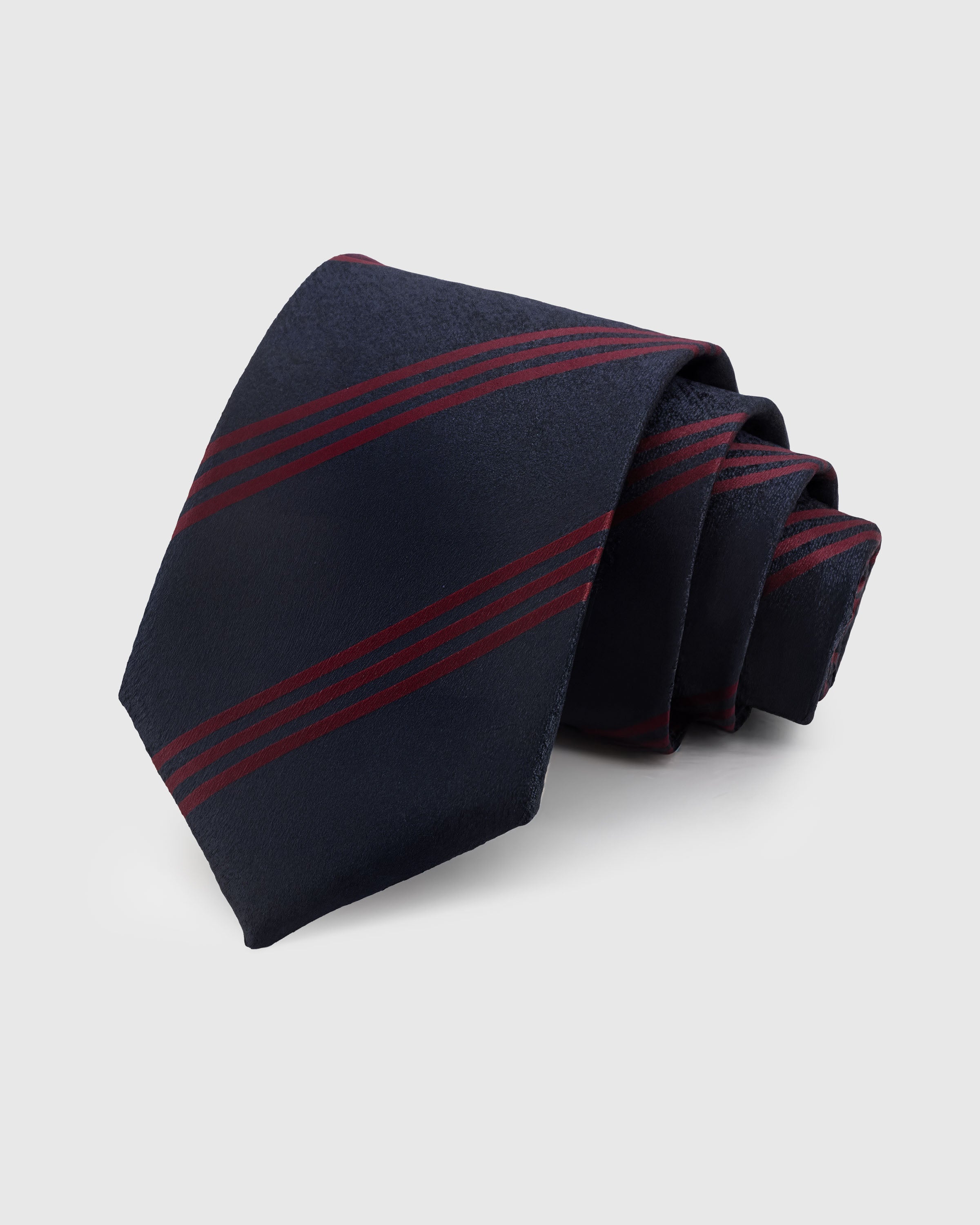 STICKYZOO NAVY CRIMSON STRIPE TIE — 100% mulberry silk with hand-embroidered crimson red triple diagonal stripes on deep navy ground