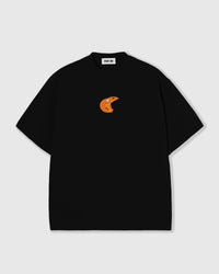 STICKYZOO Shrimp T-Shirt in black, an oversized boxy unisex cotton tee with a hand-beaded orange glass seed-bead shrimp on the left chest