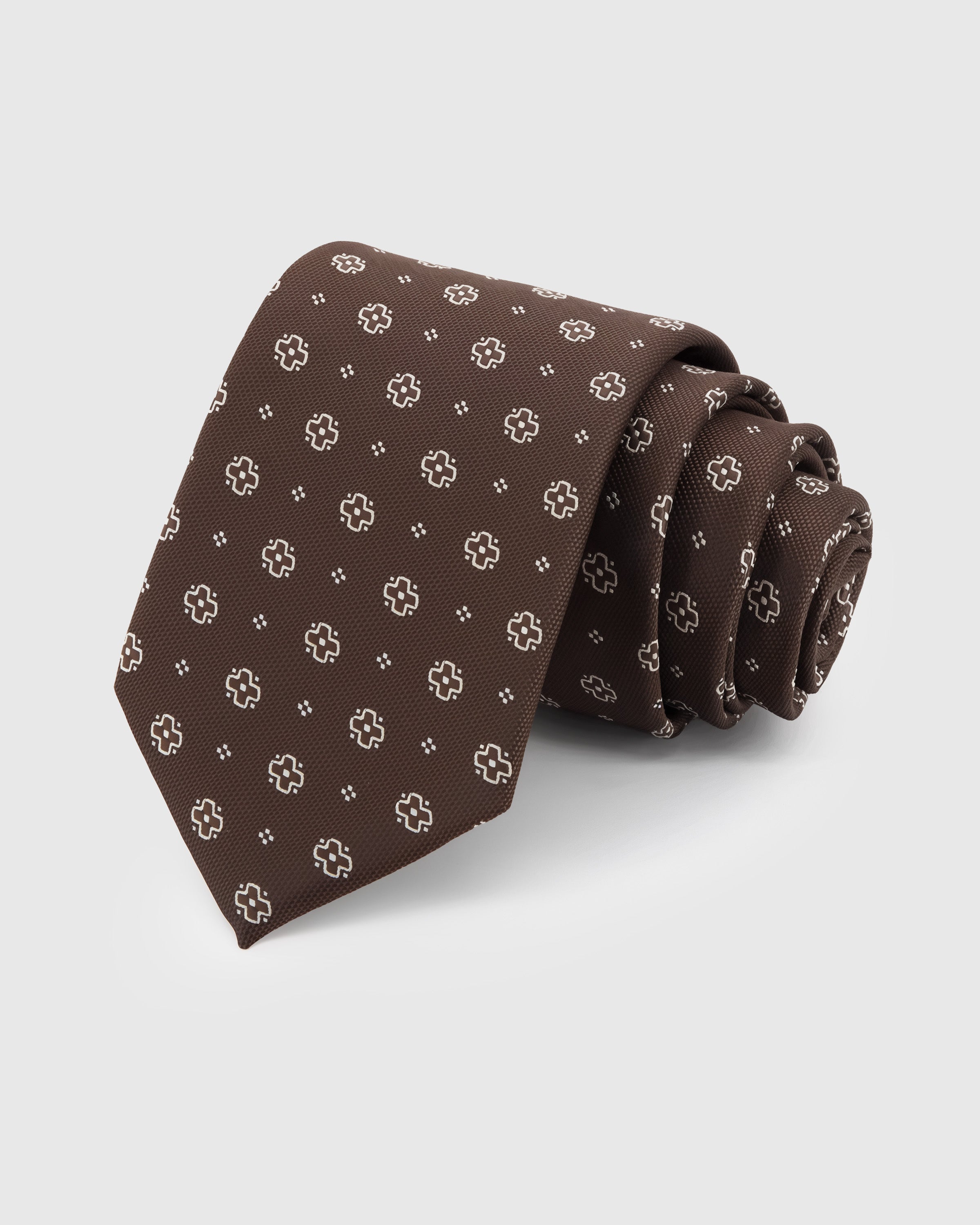 STICKYZOO Espresso Clover Dot Tie in hand-embroidered mulberry silk with cream clover dot motifs, 45° bias-cut Italian method