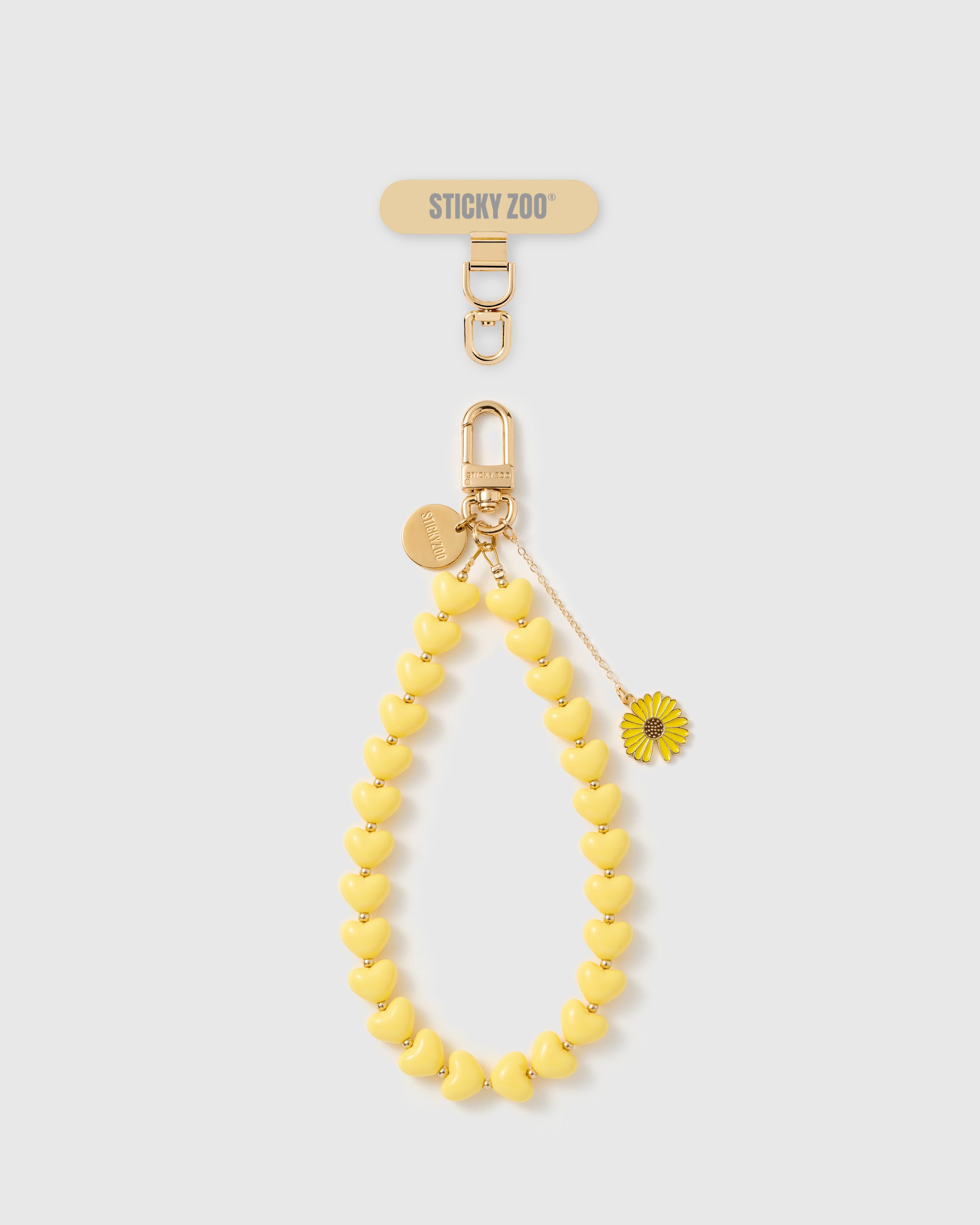 Handmade lemon heart bead phone strap with gold daisy charm and engraved STICKYZOO disc — Rated 4.9 stars