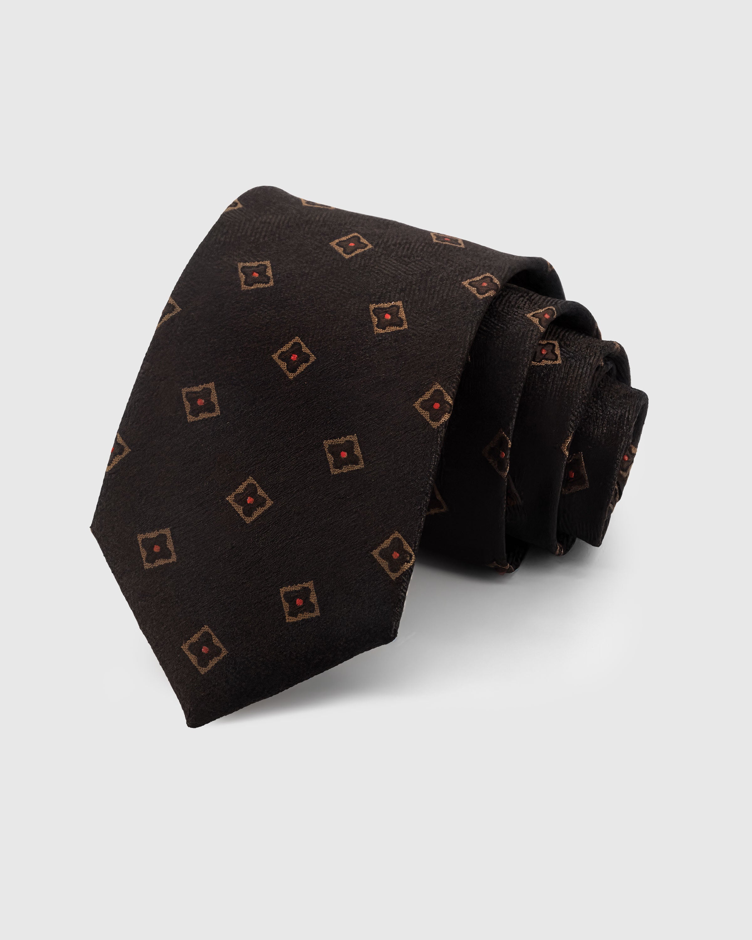 STICKYZOO ESPRESSO DIAMOND TIE — 100% mulberry silk with hand-embroidered gold-framed diamond motifs with crimson centers on deep espresso brown with herringbone texture ground