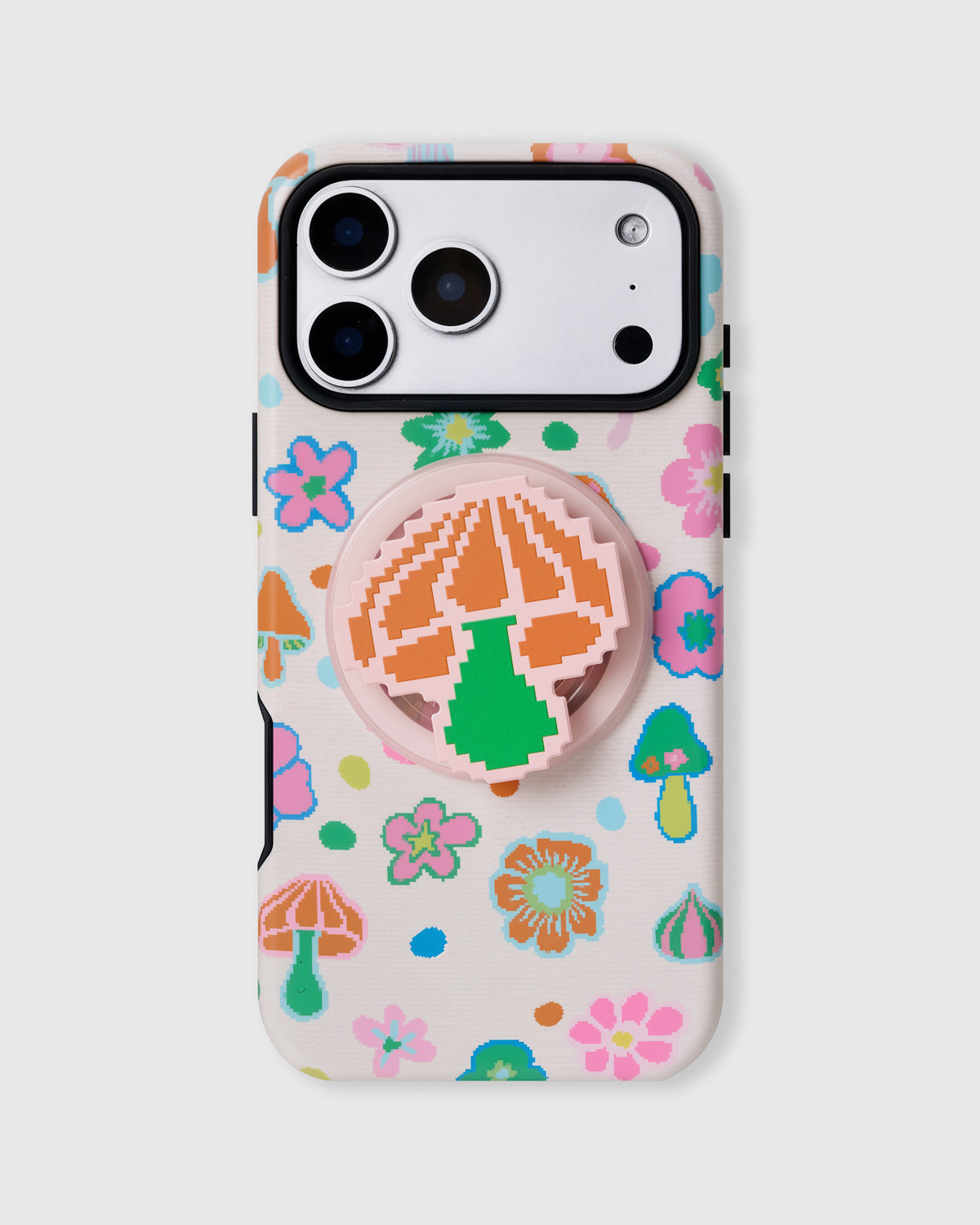Cream phone case with hand-illustrated pixel-art mushrooms and flowers and a built-in MagSafe grip by STICKYZOO