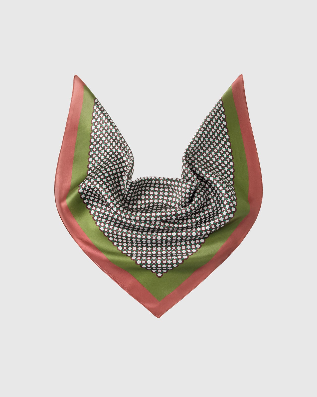 Olive and rose silk scarf draped to show the mosaic tile motif and the soft fall of pure silk