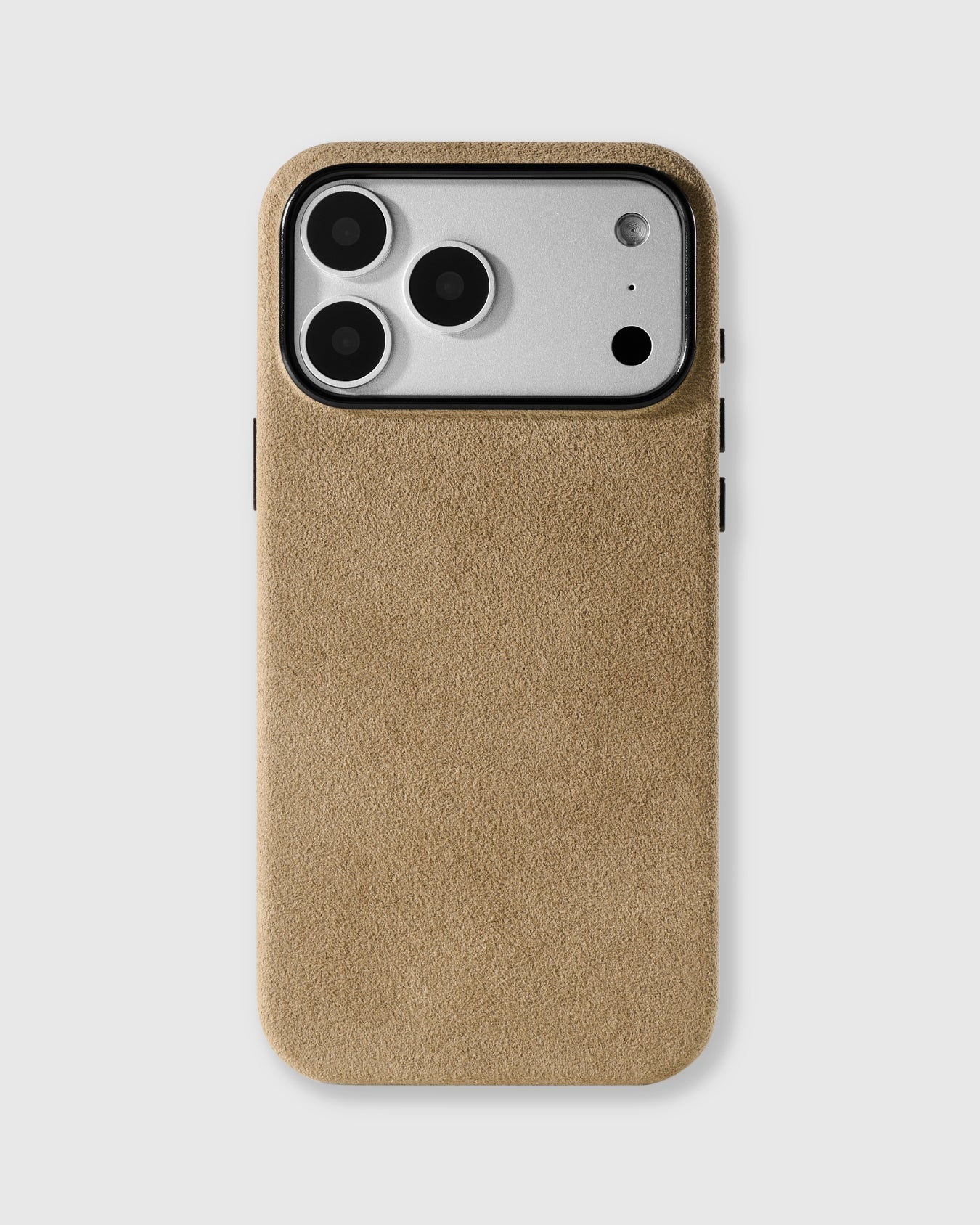STICKYZOO Camel Alcantara phone case in warm golden-brown suede with black aviation aluminum buttons and raised camera frame