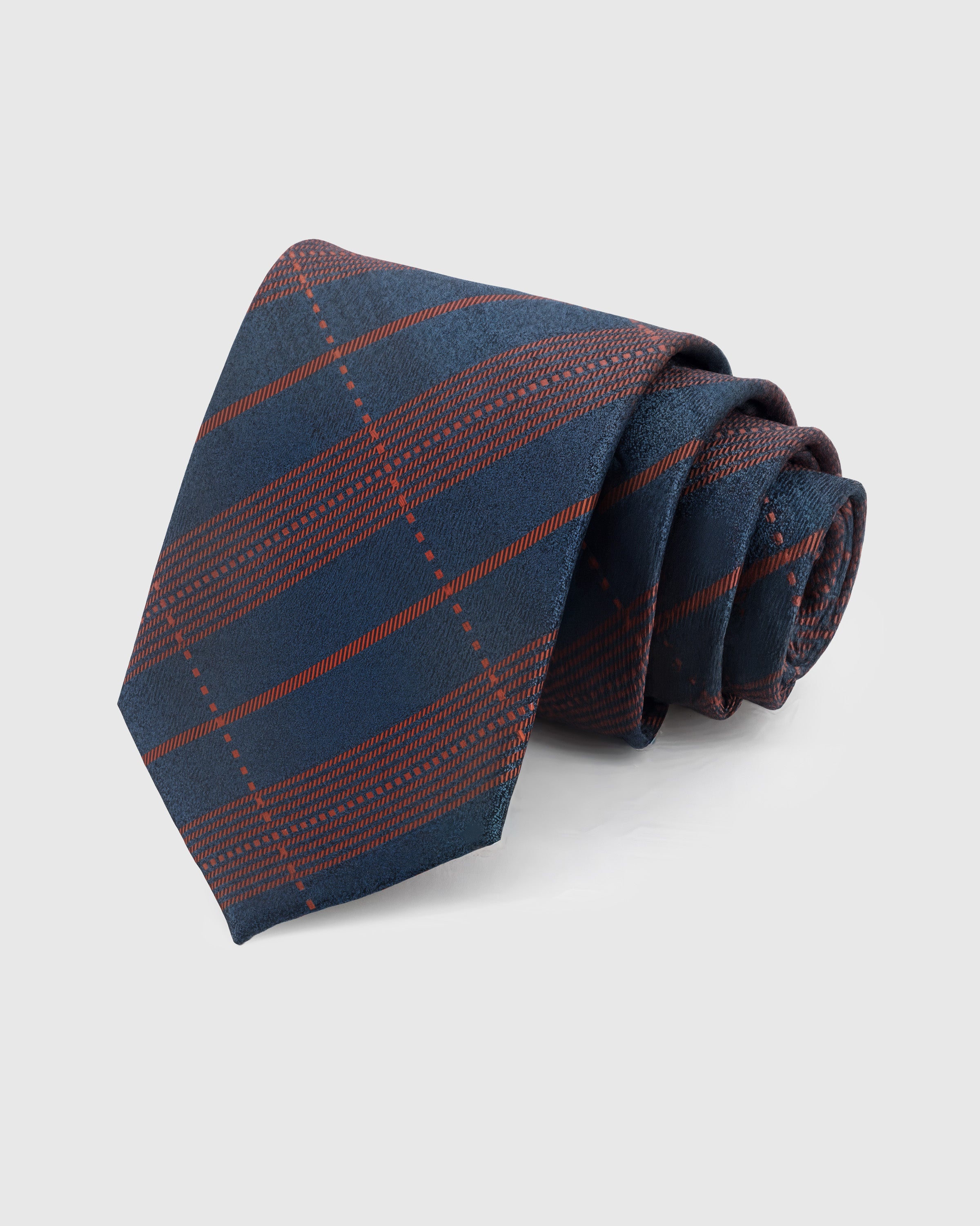 STICKYZOO Navy Tartan Tie in hand-embroidered mulberry silk with ember tartan check pattern on deep navy ground, 45° bias-cut