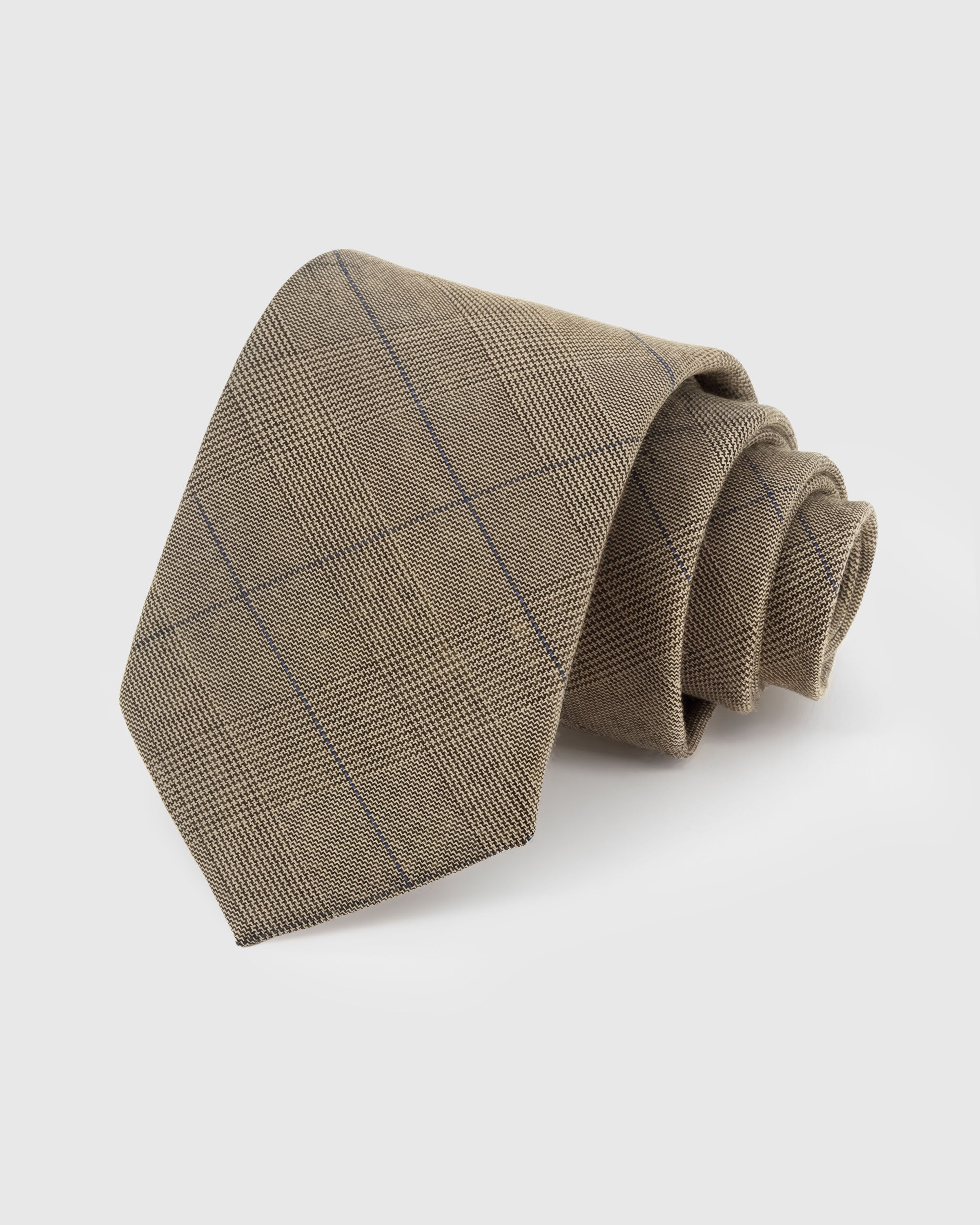{100% mulberry silk glen plaid weave} STICKYZOO SAND GLEN PLAID TIE in hand-embroidered mulberry silk with glen plaid motif, 45° bias-cut Italian method
