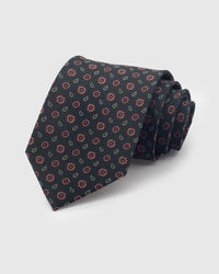 {100% mulberry silk weave} STICKYZOO HUNTER PAISLEY CIRCLE TIE in hand-embroidered mulberry silk with paisley motif, 45° bias-cut Italian method