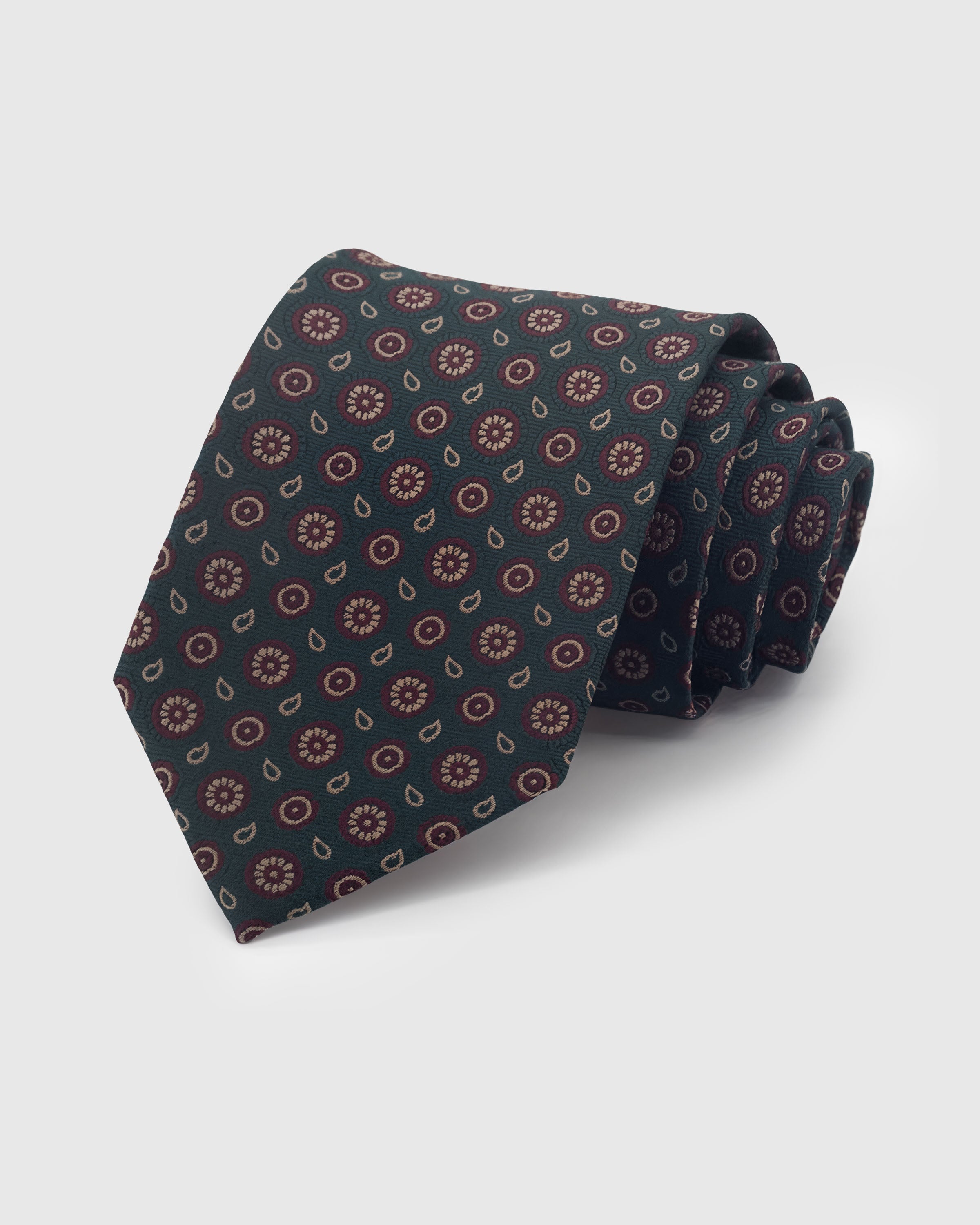 {100% mulberry silk weave} STICKYZOO HUNTER PAISLEY CIRCLE TIE in hand-embroidered mulberry silk with paisley motif, 45° bias-cut Italian method