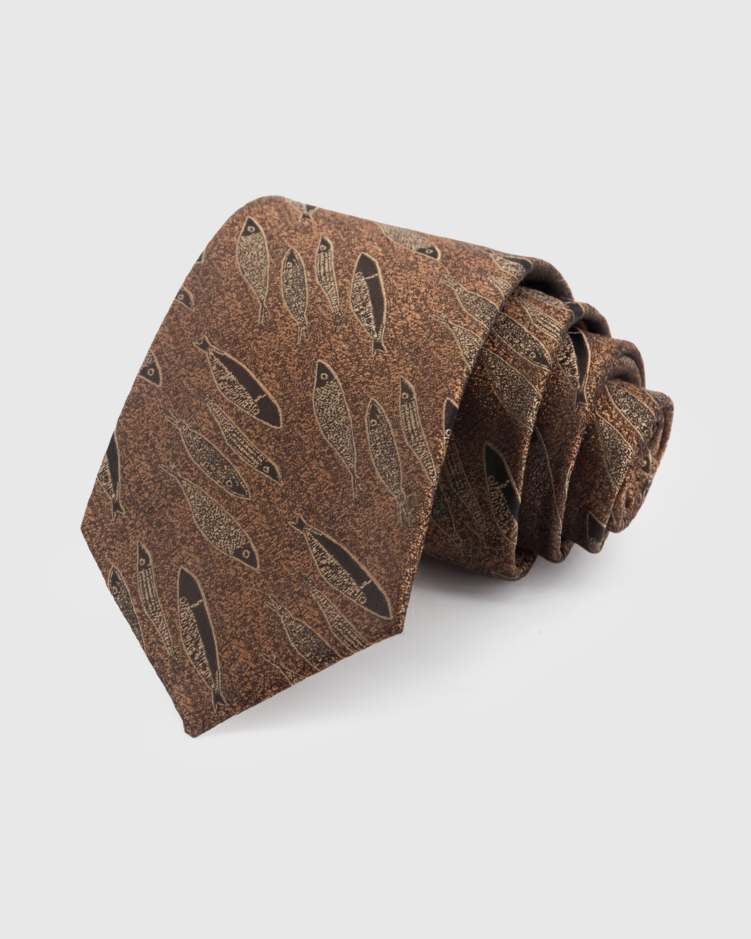 STICKYZOO Copper Sardine Tie — hand-embroidered copper / tan mulberry silk with sardine motif pattern