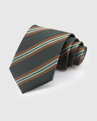 GRAPHITE HERRINGBONE TIE — Hand-embroidered herringbone stripe detail on 100% mulberry silk in graphite, showing embroidery texture and silk sheen
