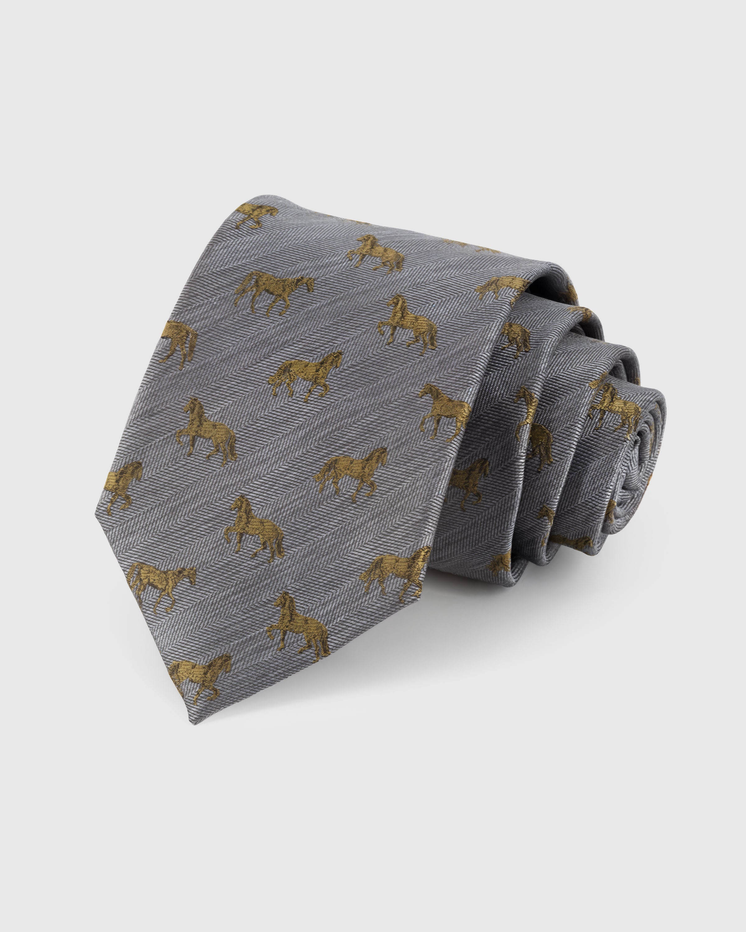 STICKYZOO Silver Stallion Tie — hand-embroidered silver grey mulberry silk with horse motif pattern