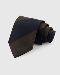STICKYZOO Midnight Block Tie in mulberry silk with navy and espresso block stripes, 45° bias-cut Italian method