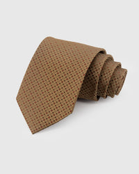 STICKYZOO Camel Lattice Tie in hand-embroidered mulberry silk with red micro lattice pattern, 45° bias-cut Italian method