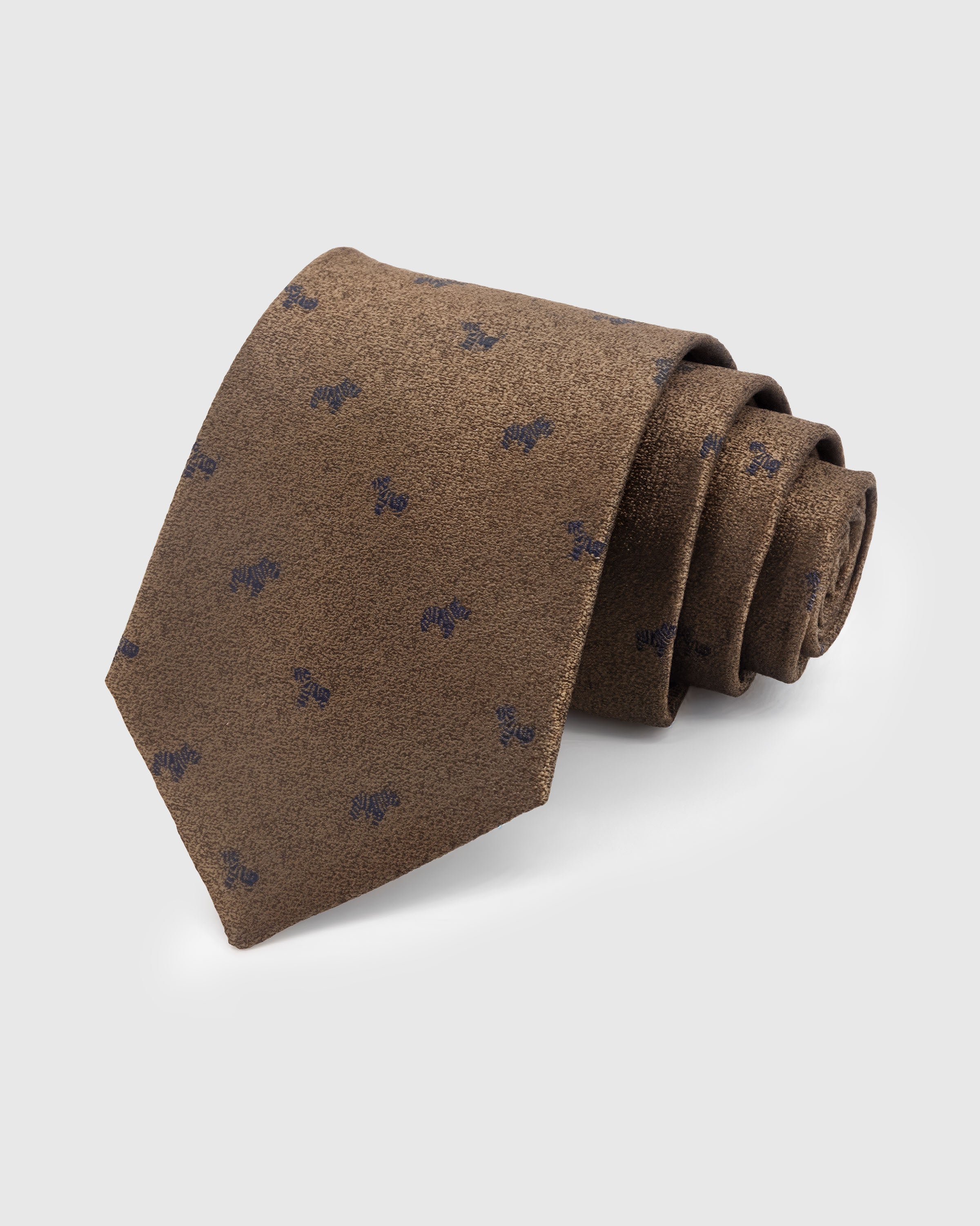 STICKYZOO Cognac Bee Tie — hand-embroidered cognac / navy mulberry silk with bee motif pattern