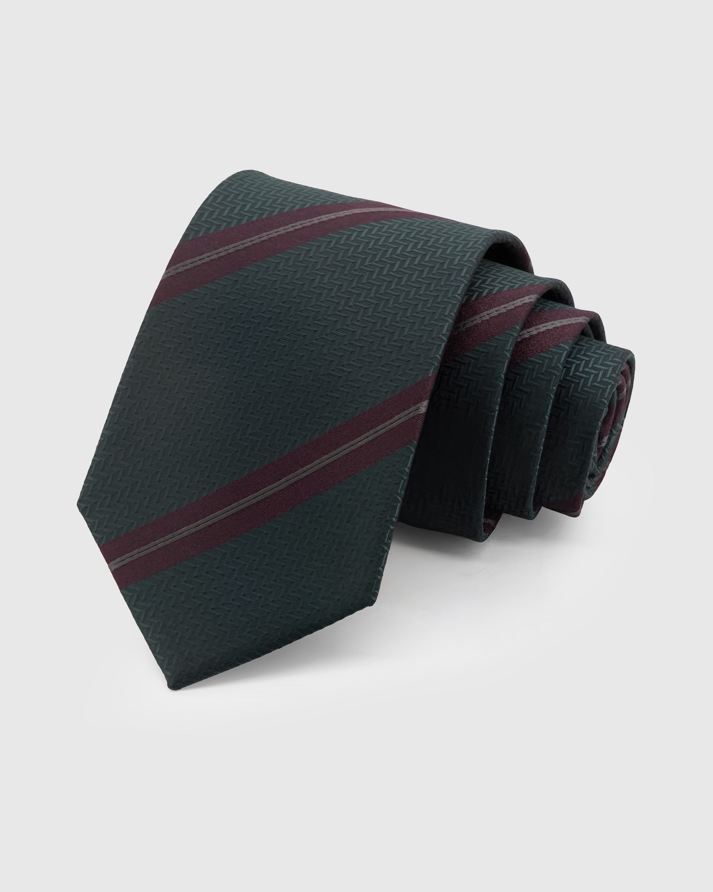 STICKYZOO Evergreen Stripe Tie in hand-embroidered mulberry silk with claret accent stripes on forest-green herringbone, 45° bias-cut
