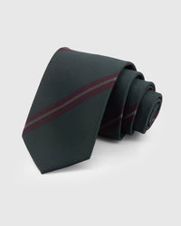 STICKYZOO Evergreen Merlot Stripe Tie in mulberry silk with merlot diagonal accent on matte evergreen ground, 45° bias-cut