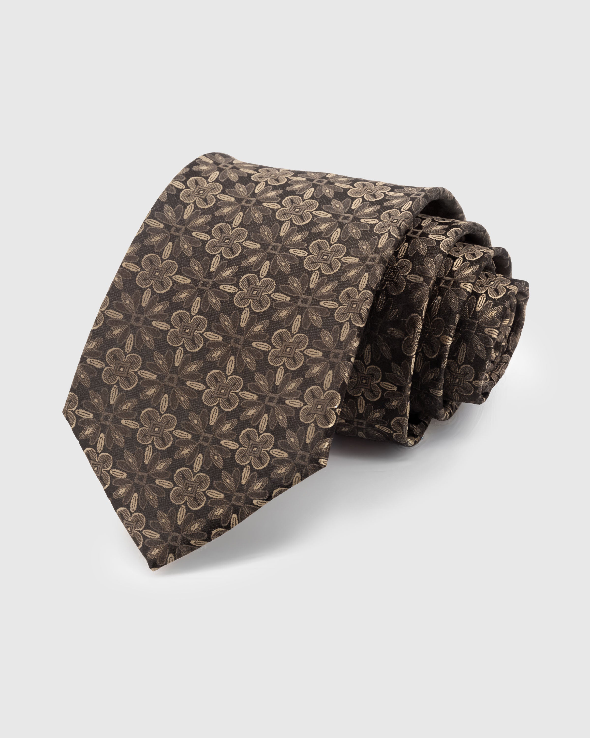 {100% mulberry silk weave} STICKYZOO WALNUT MEDALLION TIE in hand-embroidered mulberry silk with medallion tile motif, 45° bias-cut Italian method