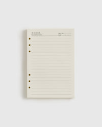 STICKYZOO refillable A5 notebook paper — a single lined insert with six punched holes, a memo and date header, and weekly weather and day markers on cream 100gsm paper.