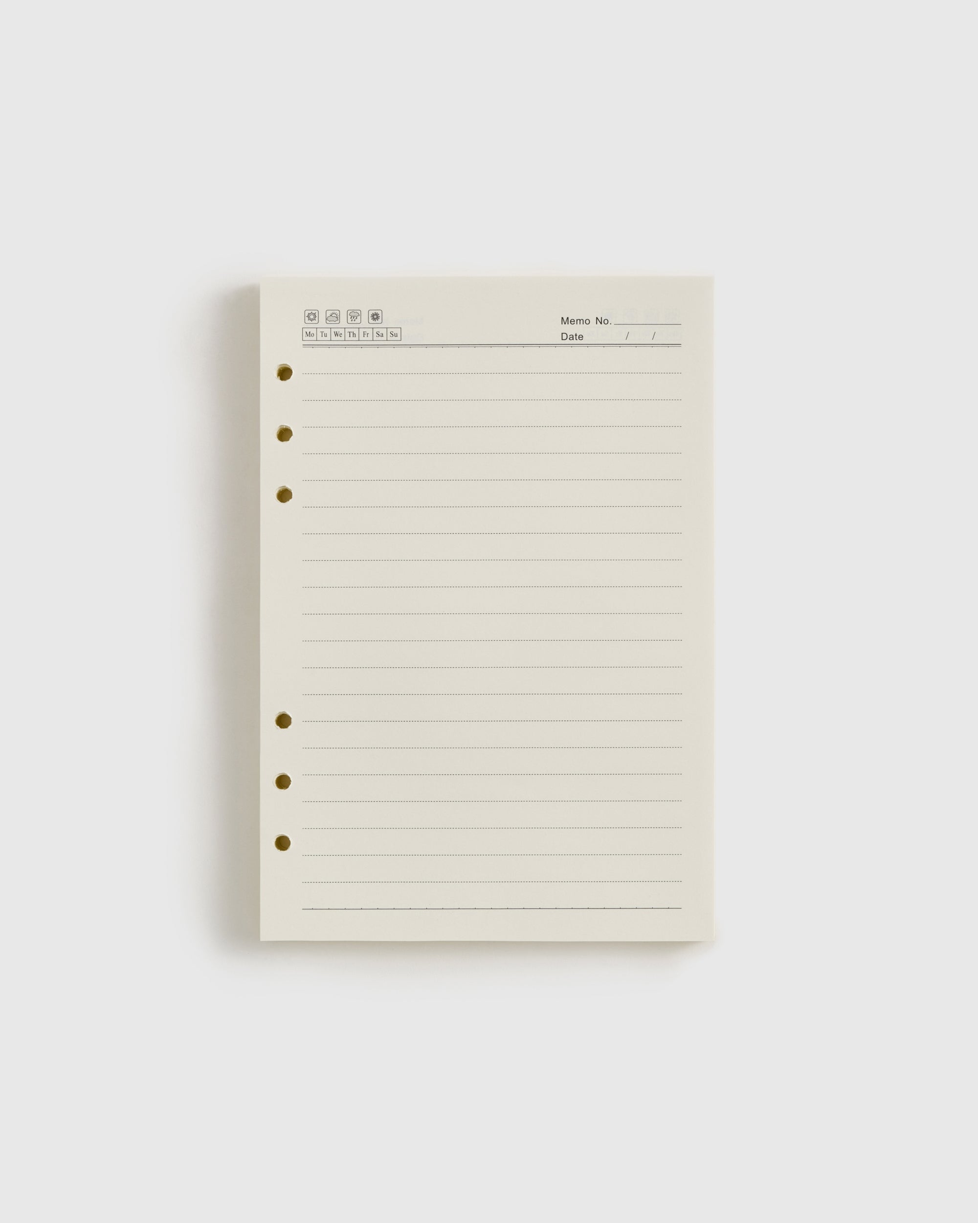 STICKYZOO refillable A5 notebook paper — a single lined insert with six punched holes, a memo and date header, and weekly weather and day markers on cream 100gsm paper.