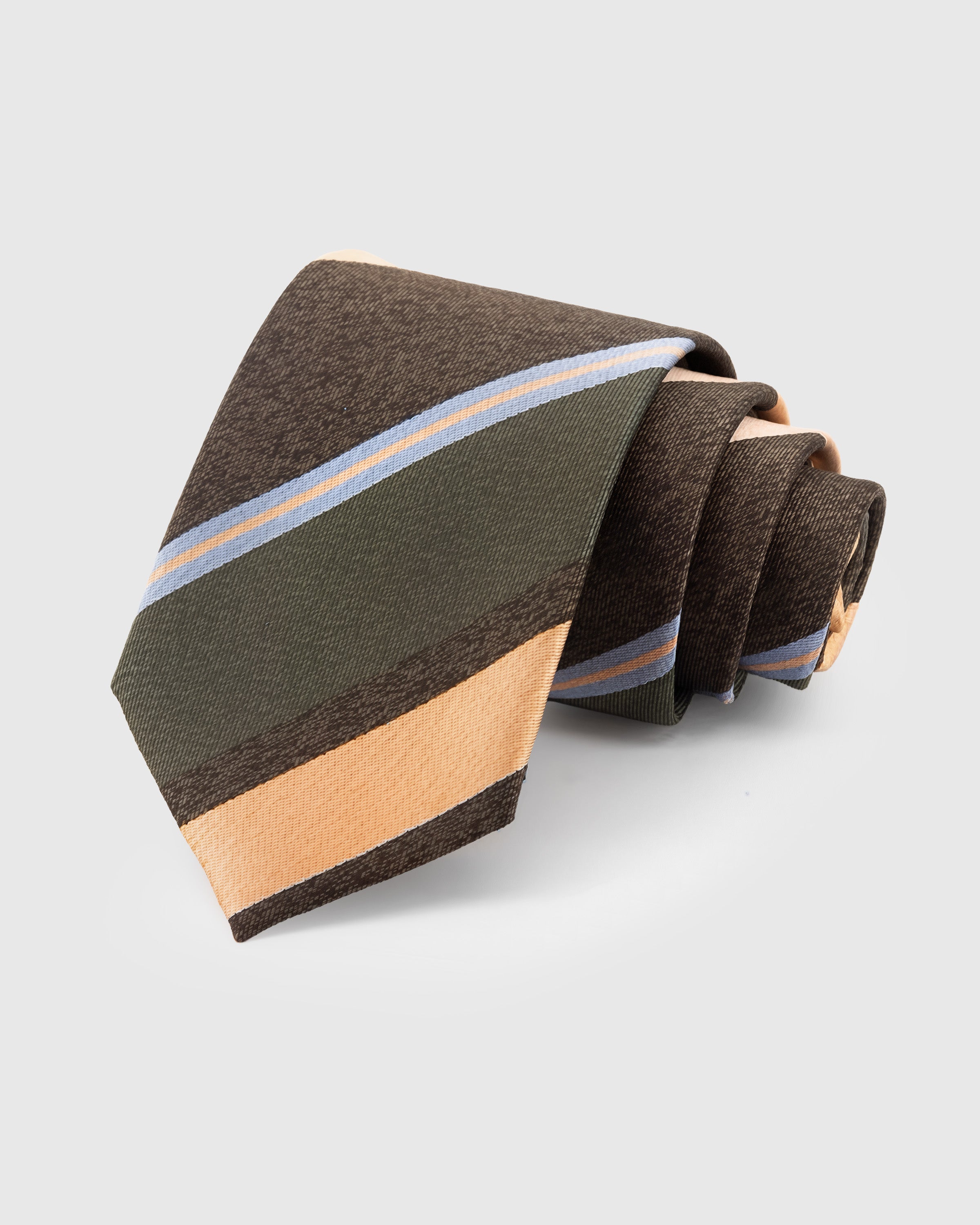 STICKYZOO Ember Regimental Tie in hand-embroidered mulberry silk with olive, espresso, and peach stripes, 45° bias-cut Italian method