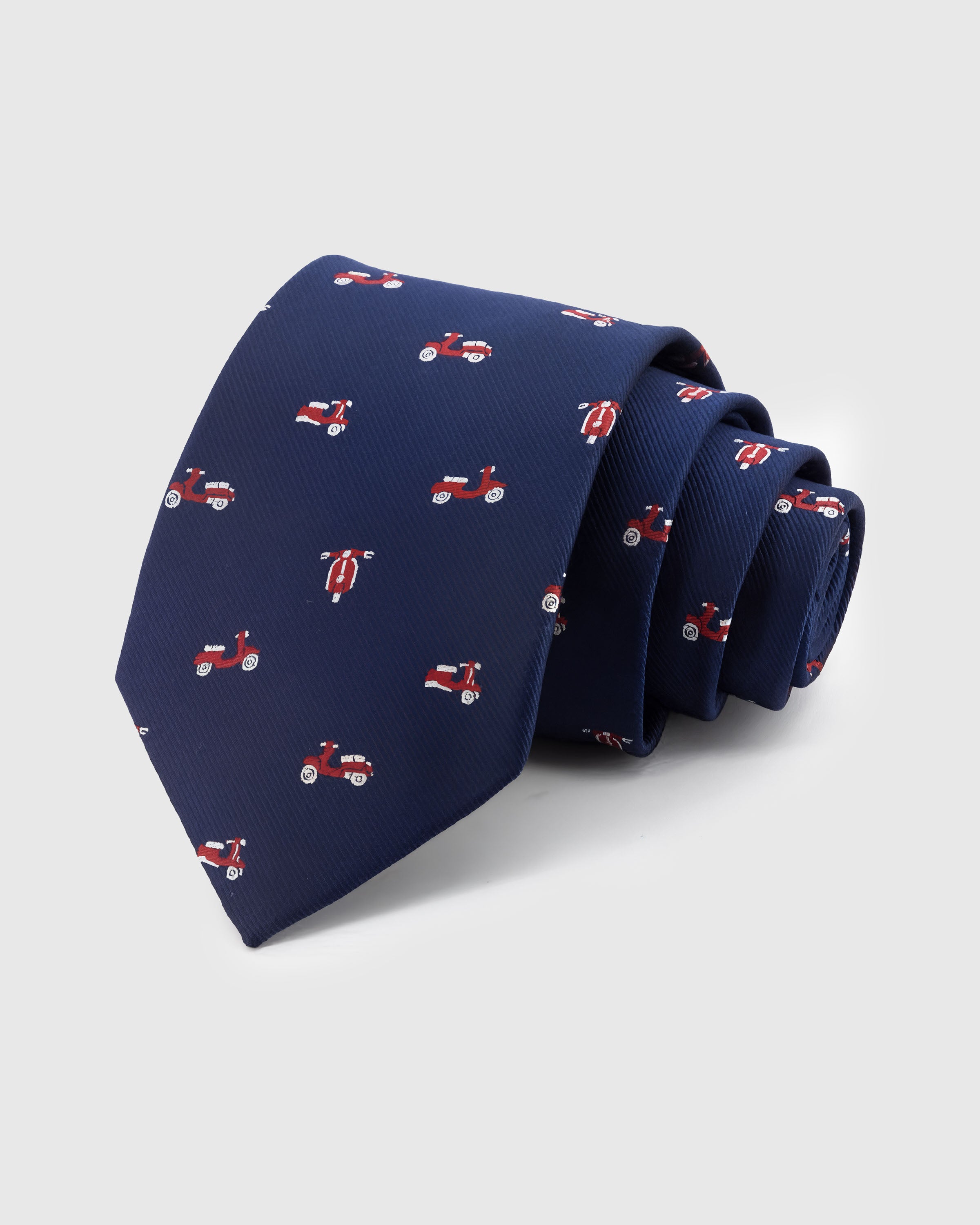 STICKYZOO Navy Vespa Tie — hand-embroidered navy / red mulberry silk with scooter motif pattern