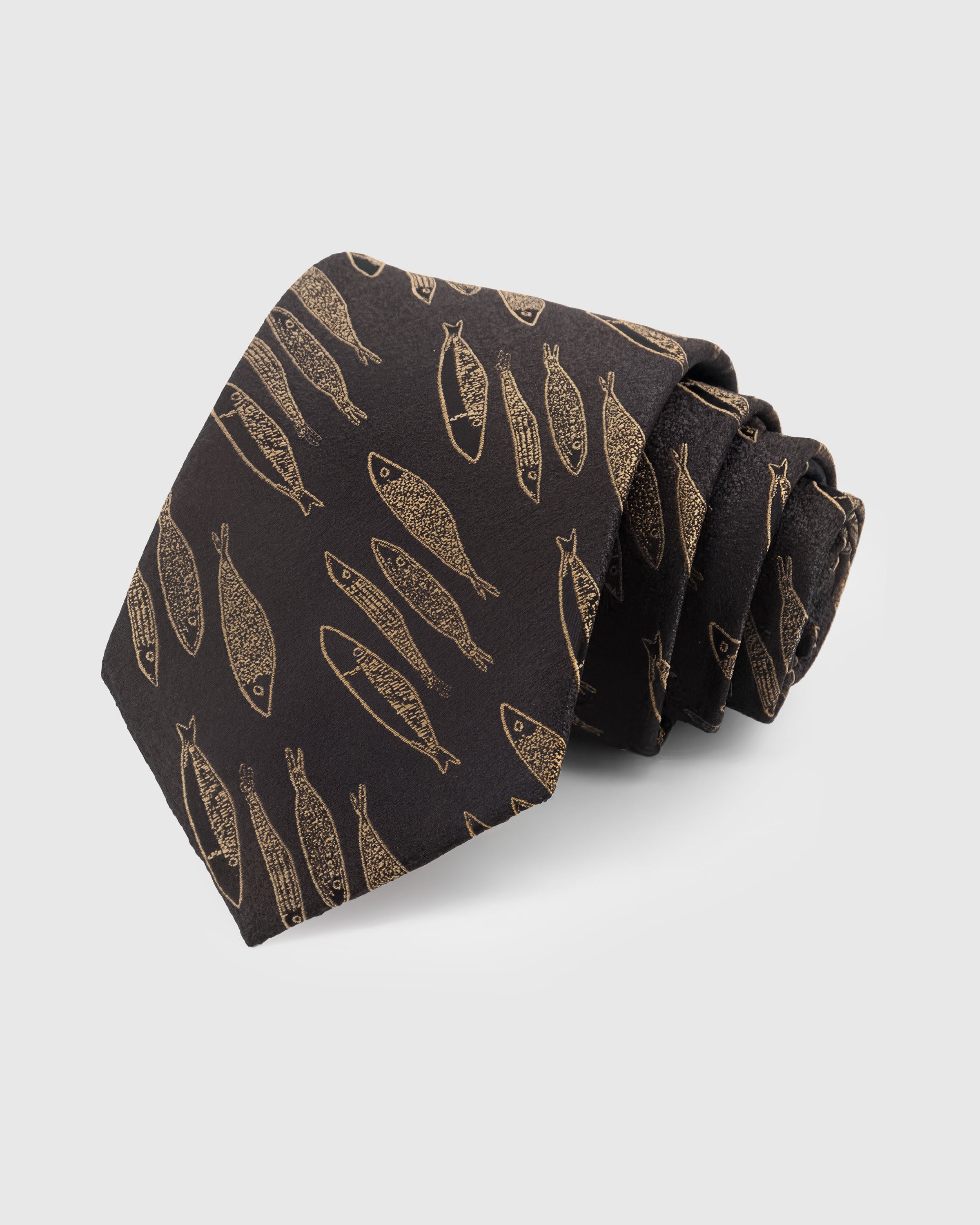 STICKYZOO Noir Sardine Tie — hand-embroidered black / gold mulberry silk with sardine motif pattern