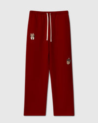 STICKYZOO Reindeer and Acorn Sweatpant in red with plush reindeer and acorn appliques