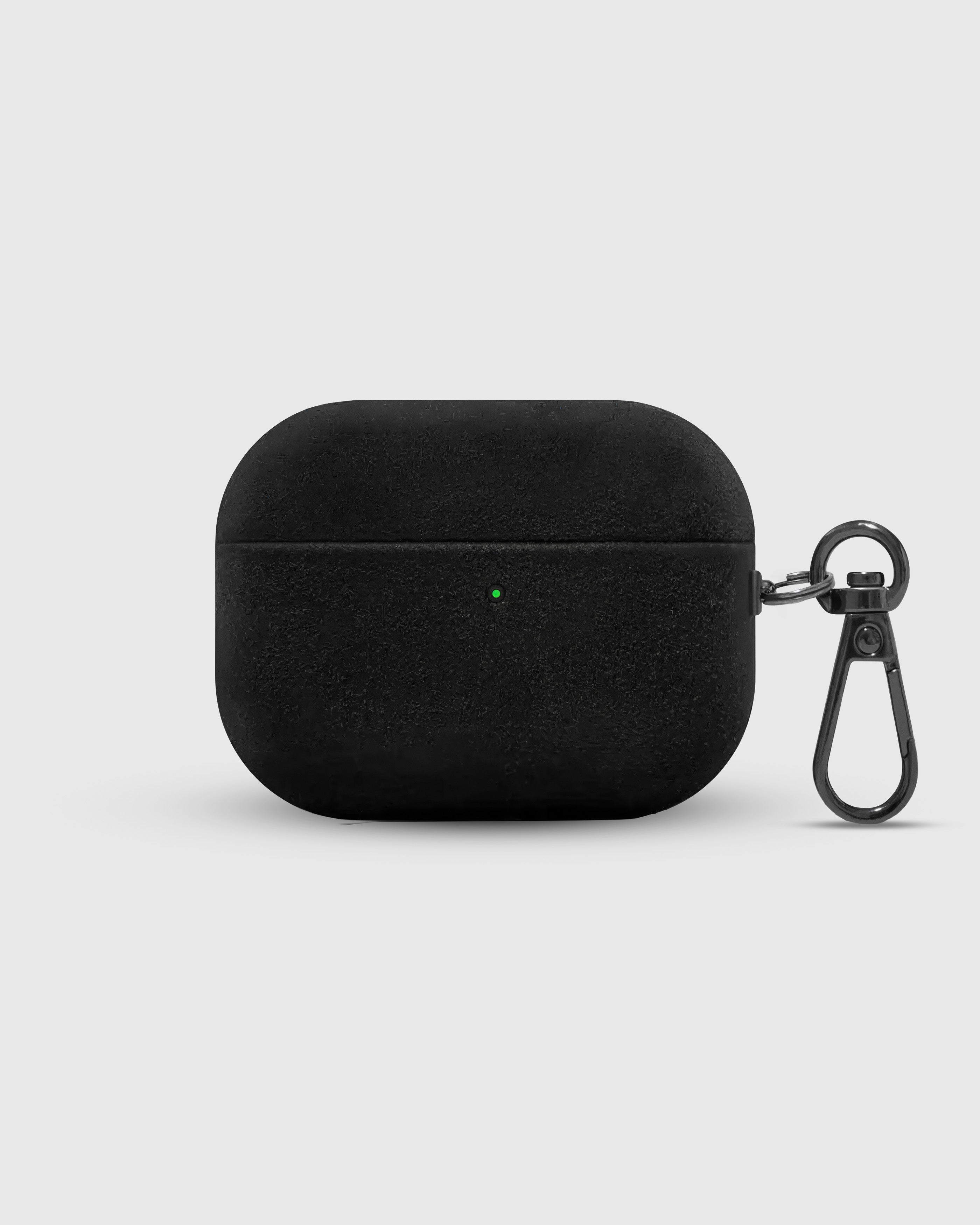 {{Charcoal Suede.}} STICKYZOO Suede AirPods Pro Case in dark charcoal with metal carabiner