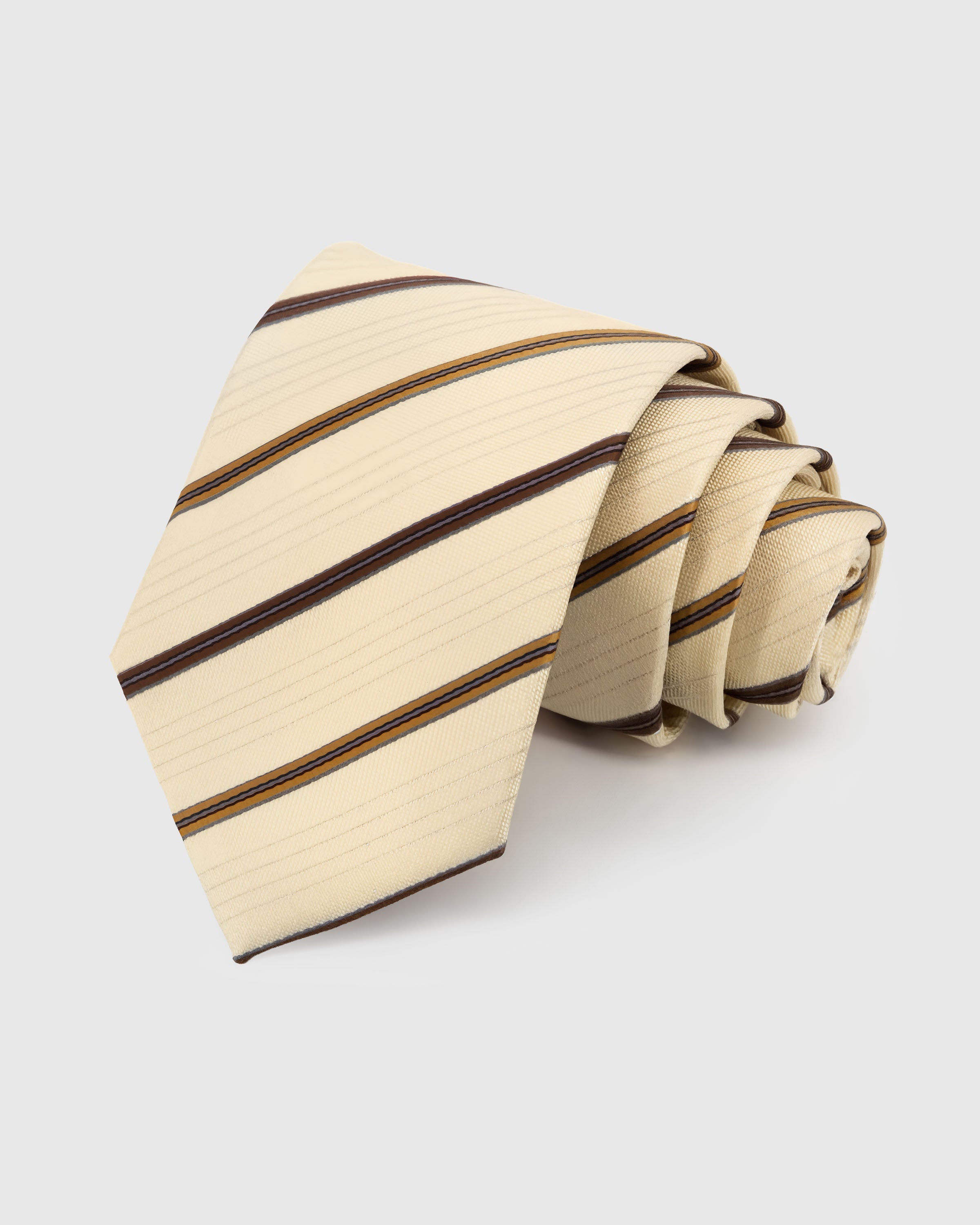 STICKYZOO Cream Heritage Stripe Tie — hand-embroidered cream / burgundy / amber mulberry silk with heritage stripe pattern