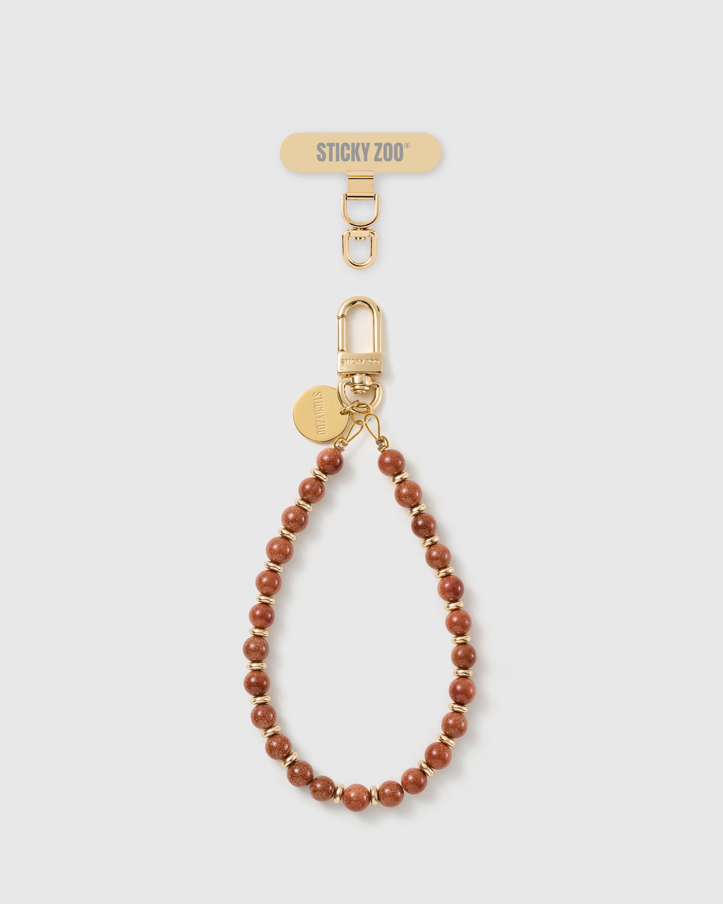 STICKYZOO handmade copper goldstone beaded phone wrist strap with golden shimmer and a Phone Strap Card tab
