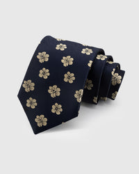 {100% mulberry silk weave} STICKYZOO MIDNIGHT BLOSSOM TIE in hand-embroidered mulberry silk with floral motif, 45° bias-cut Italian method