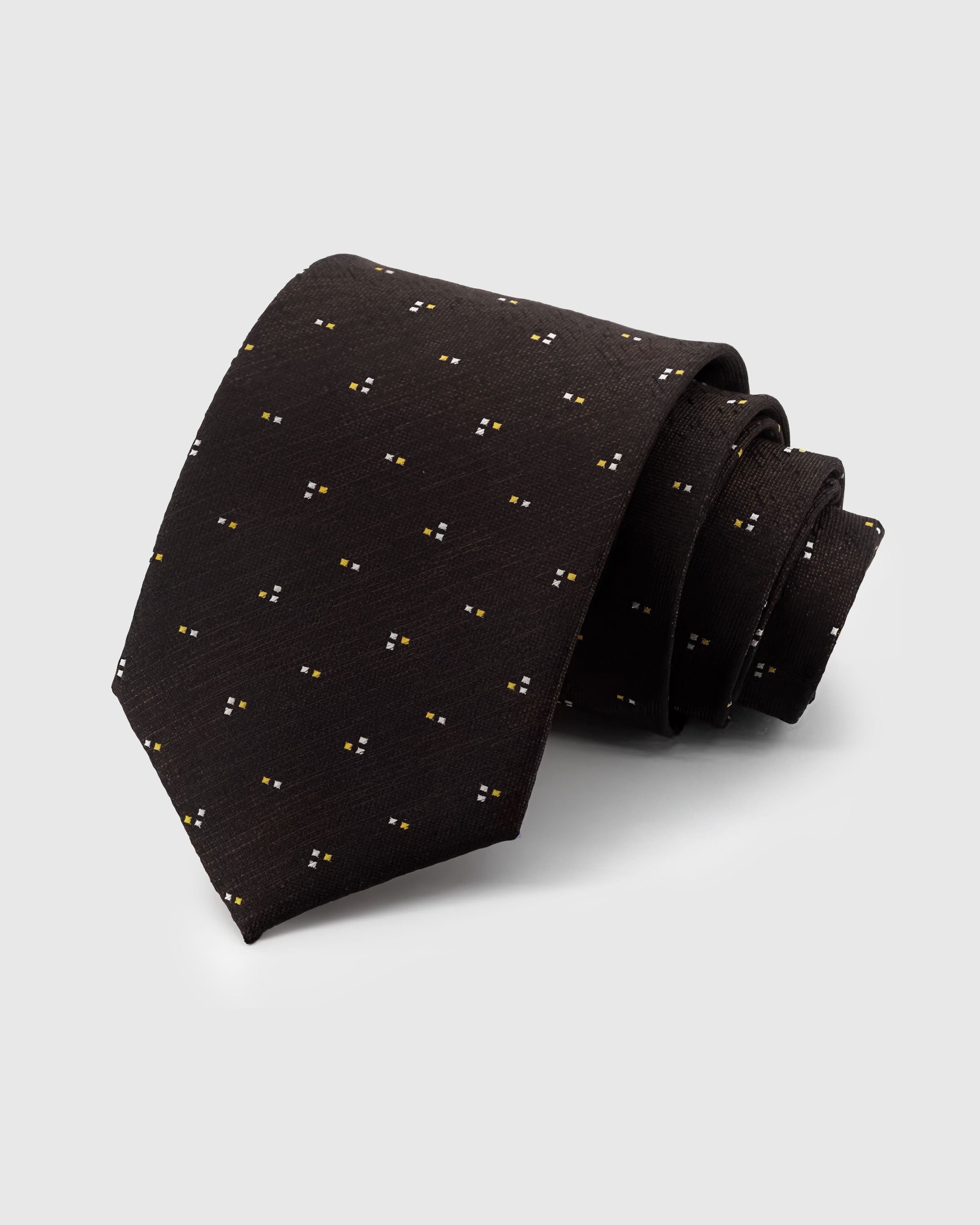 STICKYZOO Espresso Pin Dot Tie — hand-embroidered espresso / gold mulberry silk with scattered pin dot pattern