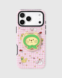 Pink gingham version of the cat-print phone case with the same hooded-cat MagSafe grip. Also in Pink, Blue.
