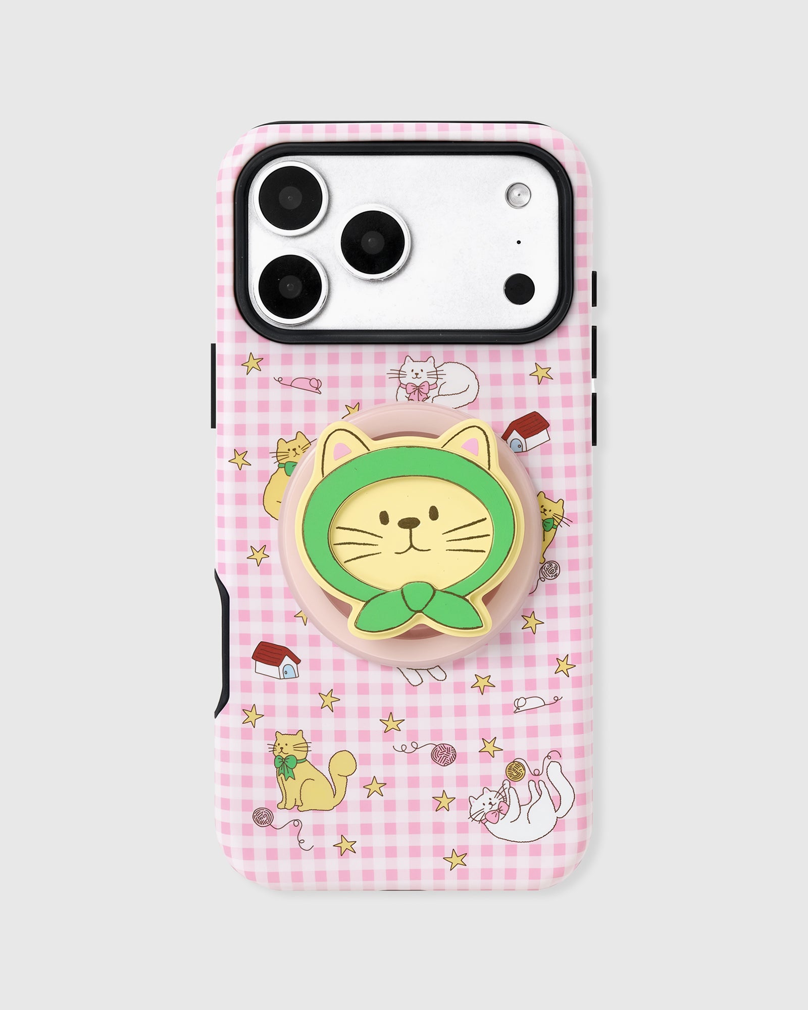 Pink gingham version of the cat-print phone case with the same hooded-cat MagSafe grip. Also in Pink, Blue.