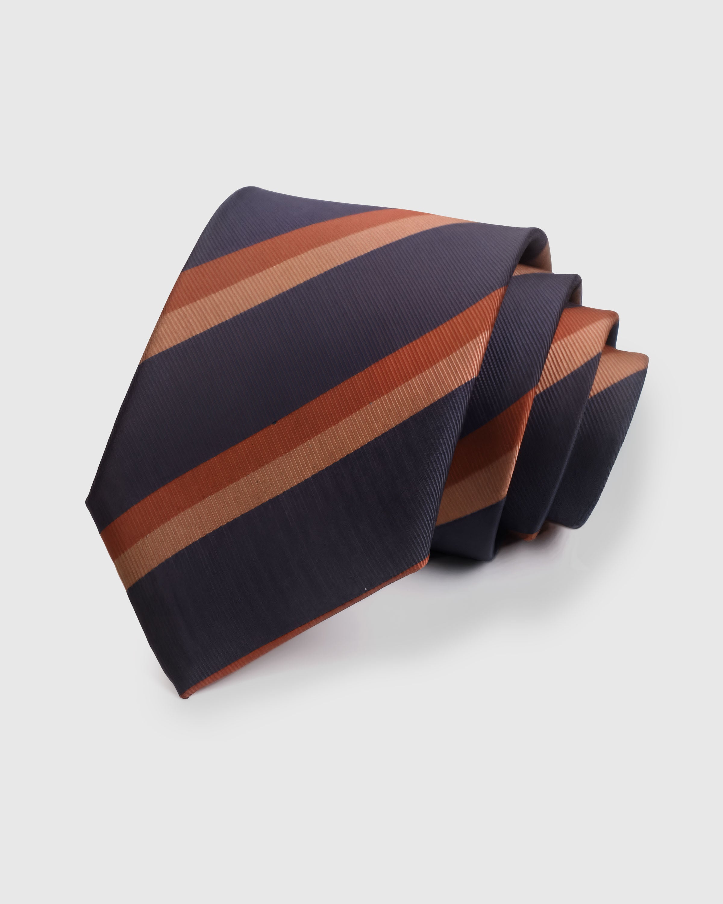 {100% mulberry silk weave} STICKYZOO MIDNIGHT COPPER BLOCK TIE in hand-embroidered mulberry silk with bold block stripe motif, 45° bias-cut Italian method
