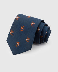 STICKYZOO Navy Koi Tie in hand-embroidered mulberry silk with copper koi fish motifs, 45° bias-cut Italian method
