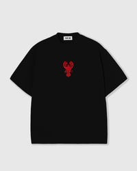 STICKYZOO Lobster T-Shirt in black with a hand-beaded red lobster applique, oversized unisex fit.