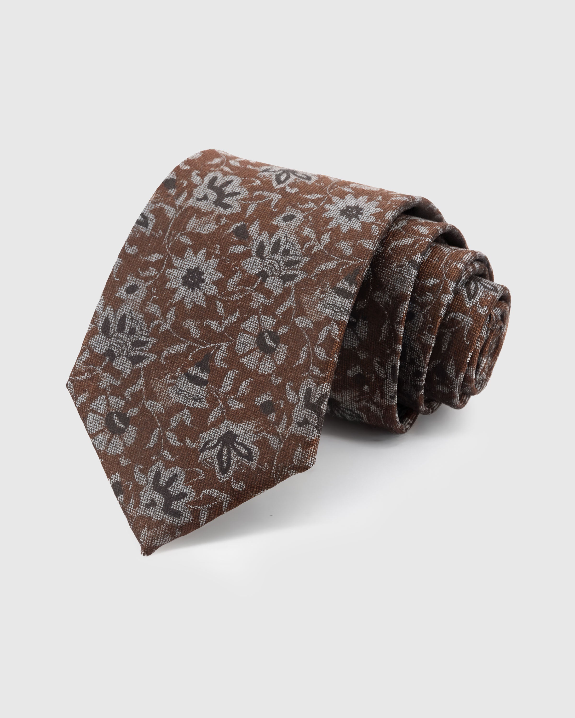 STICKYZOO Walnut Floral Tie — hand-embroidered walnut / silver mulberry silk with scattered floral pattern