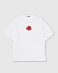 STICKYZOO Crab T-Shirt in white with a hand-beaded red crab applique on 230gsm cool-touch cotton, oversized boxy fit.