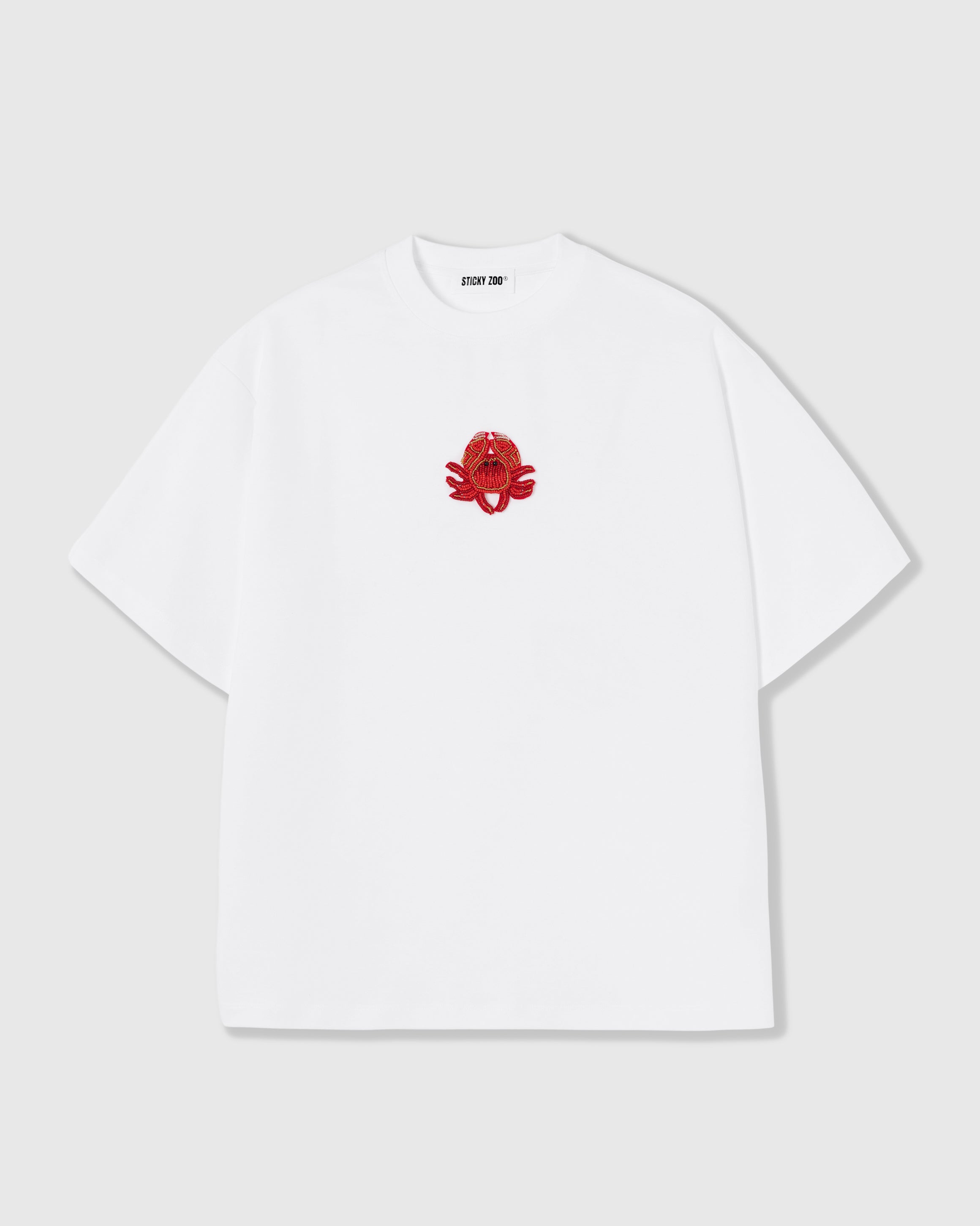 STICKYZOO Crab T-Shirt in white with a hand-beaded red crab applique on 230gsm cool-touch cotton, oversized boxy fit.