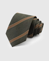 STICKYZOO Olive Copper Stripe Tie in hand-embroidered mulberry silk with copper accent stripes on dark olive textured ground, 45° bias-cut