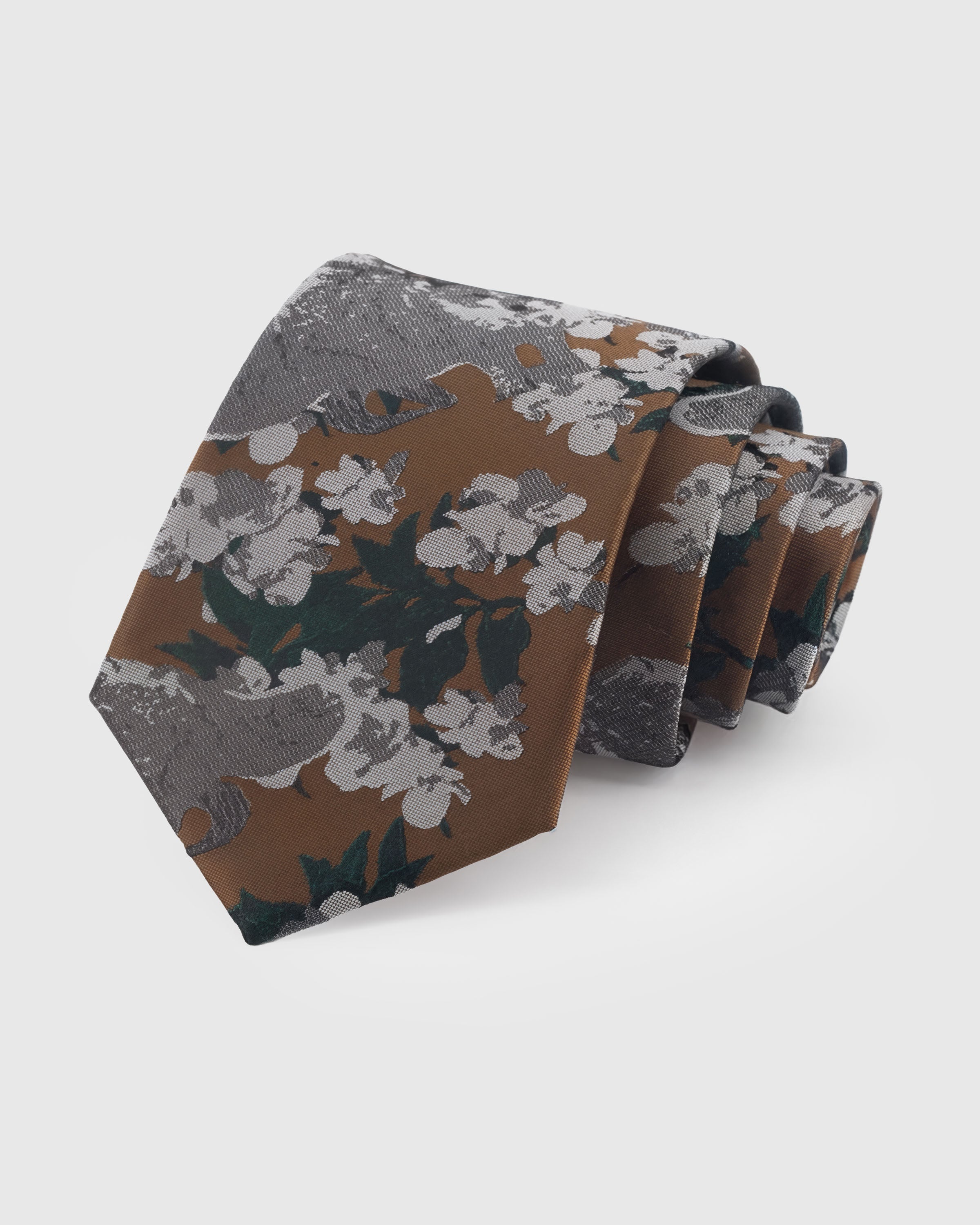 {100% mulberry silk weave} STICKYZOO CARAMEL FLORAL WASH TIE in hand-embroidered mulberry silk with floral wash motif, 45° bias-cut Italian method
