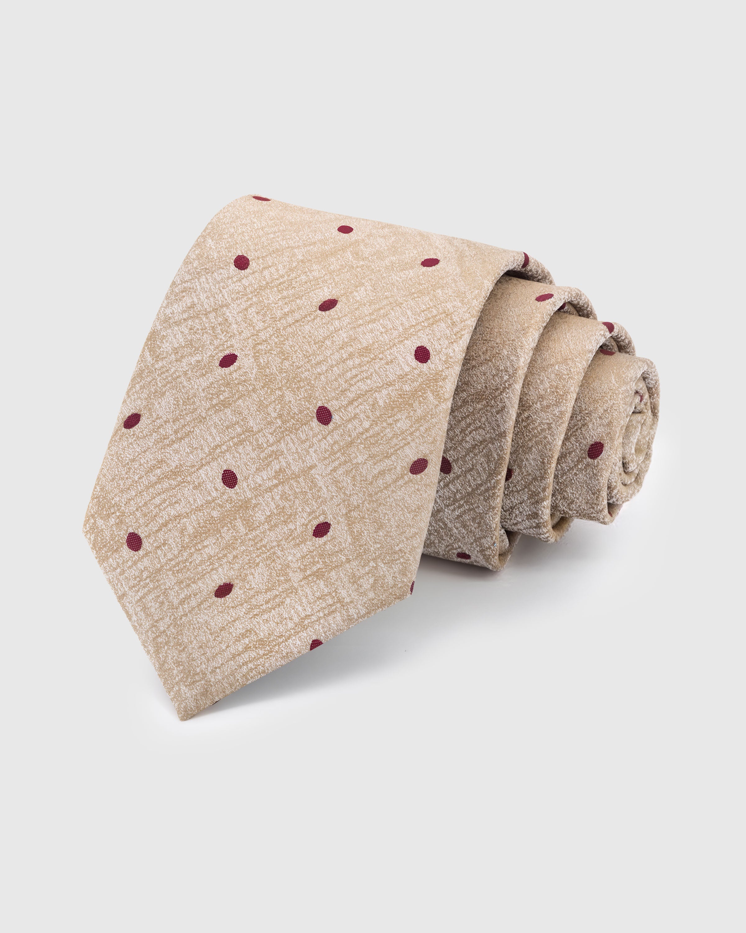 STICKYZOO Champagne Polka Tie — hand-embroidered champagne / burgundy mulberry silk with polka dot pattern
