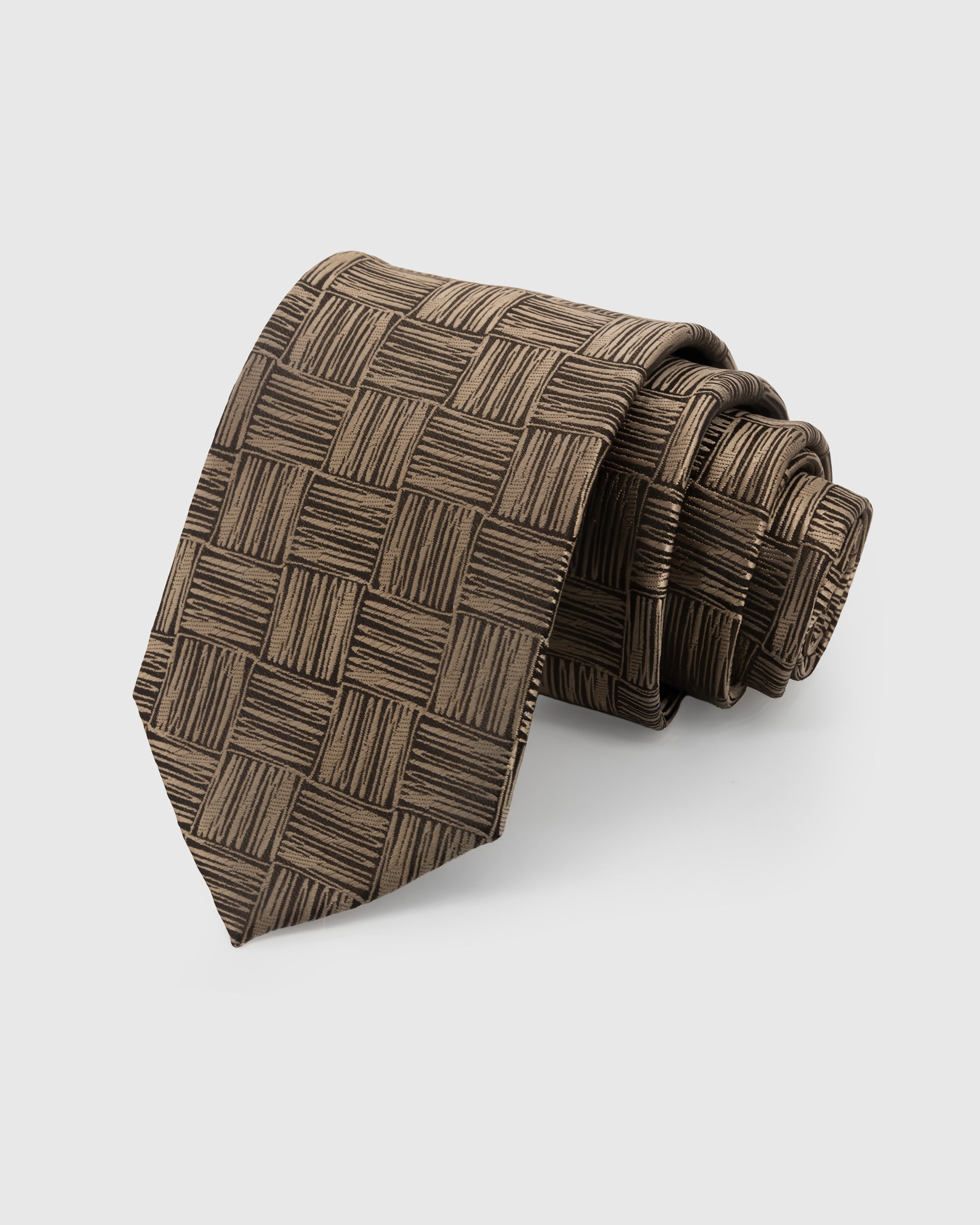 STICKYZOO Bronze Basketweave Tie in hand-embroidered mulberry silk with tonal woven grid motif, 45° bias-cut Italian method