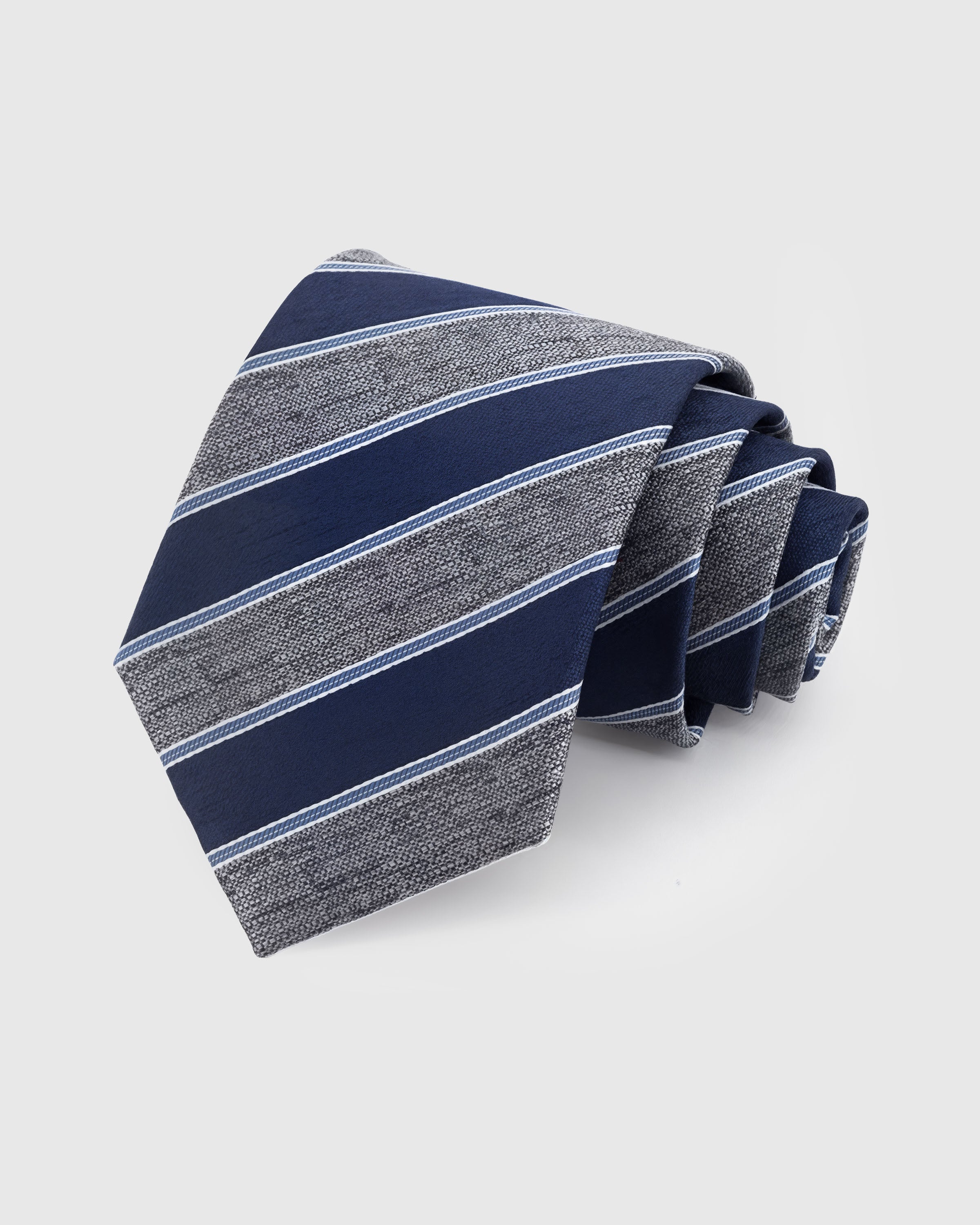 STICKYZOO SLATE REGATTA TIE — 100% mulberry silk with hand-embroidered diagonal club stripes with fine white piping on alternating navy and silver-grey ground