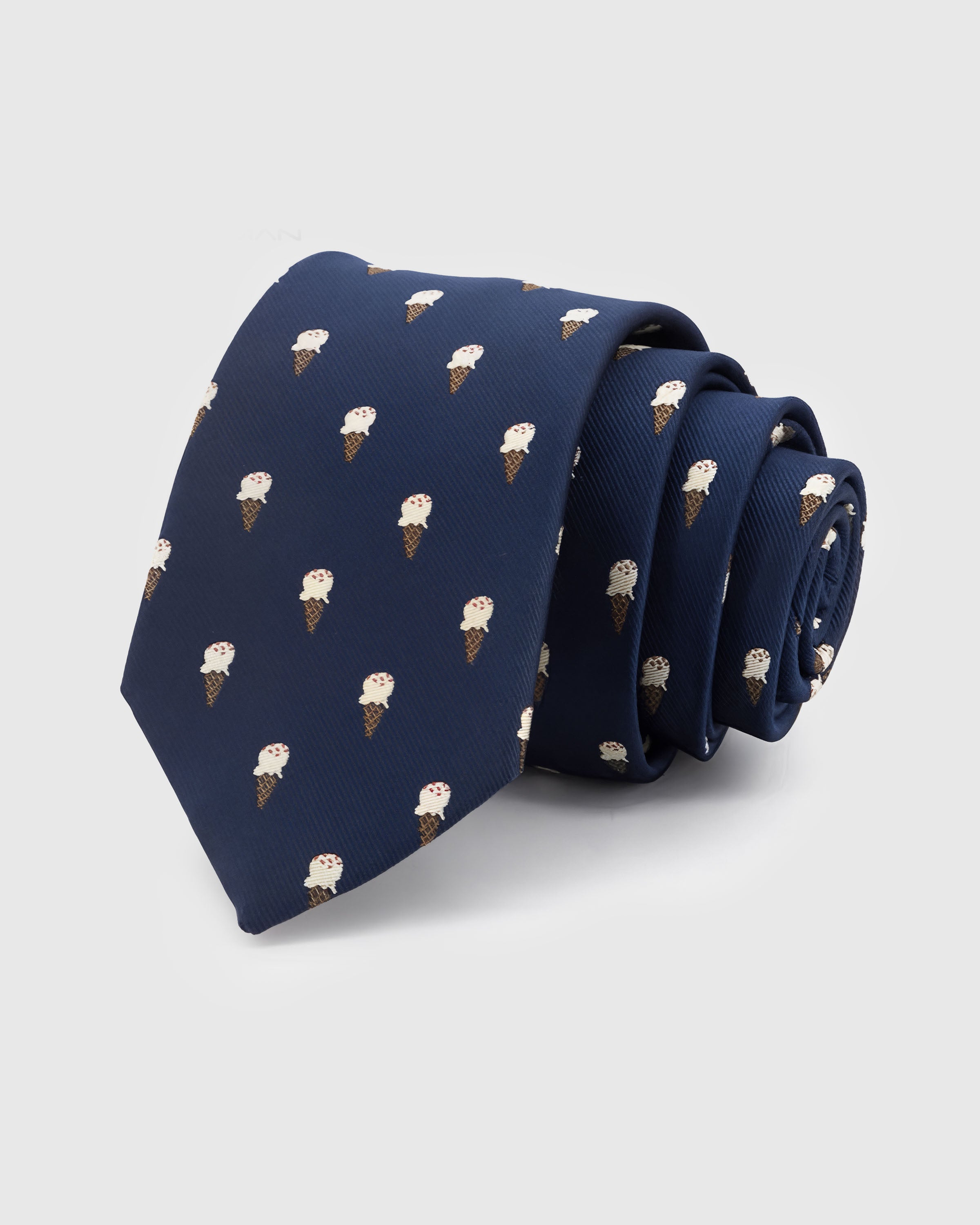 {100% mulberry silk weave} STICKYZOO MIDNIGHT ICE CREAM TIE in hand-embroidered mulberry silk with ice cream cone motif, 45° bias-cut Italian method