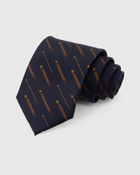 STICKYZOO Navy Aviator Tie in hand-embroidered mulberry silk with orange airplane trail motifs, 45° bias-cut Italian method