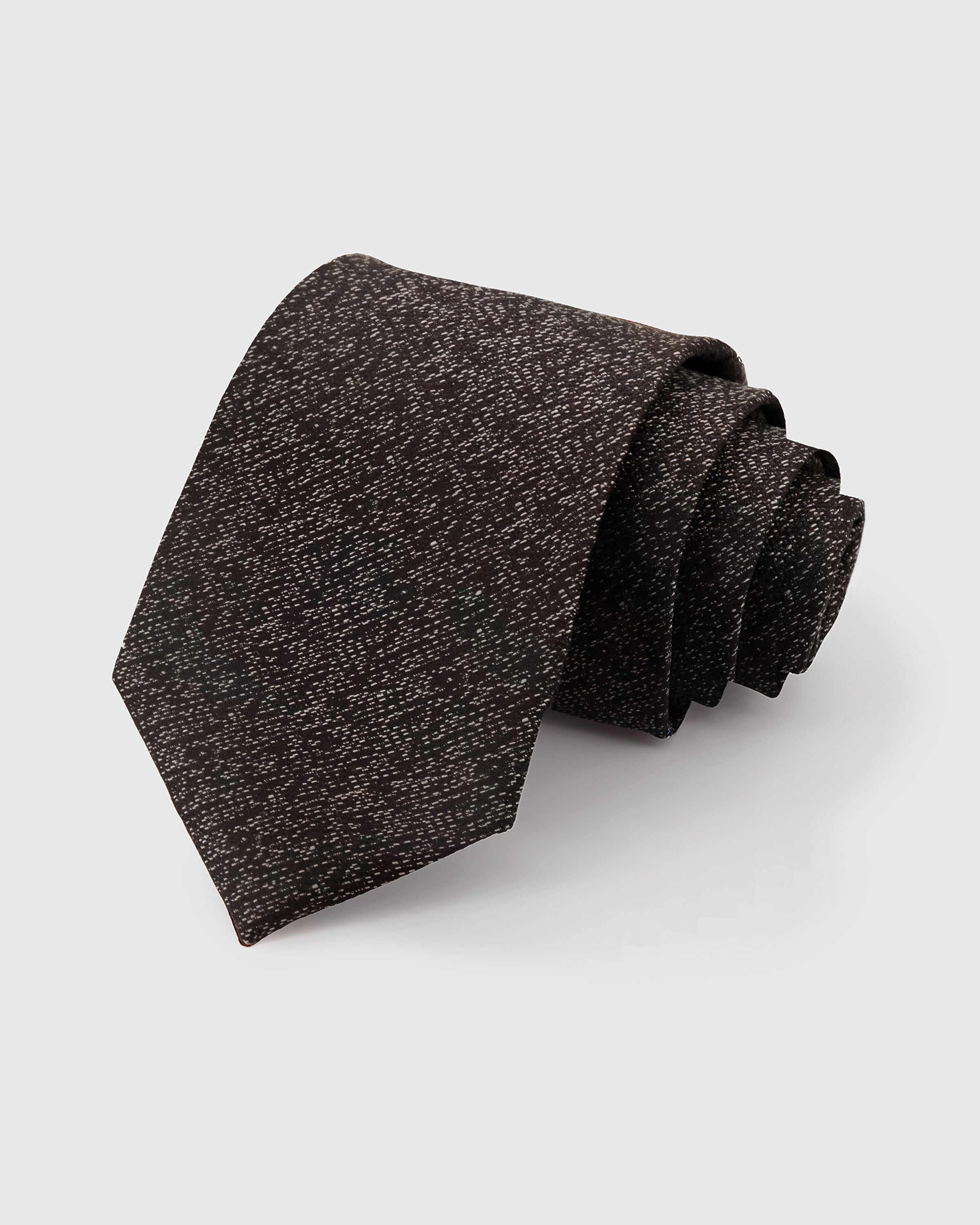 STICKYZOO Espresso Tweed Tie in hand-embroidered mulberry silk with all-over tweed texture flecks, 45° bias-cut Italian method