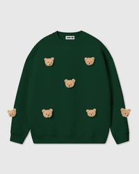 STICKYZOO Sticky Bear Sweatshirt in forest green with seven hand-stitched 3D plush teddy bear faces