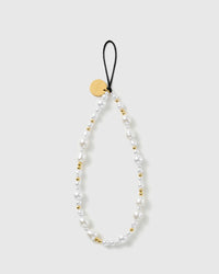 STICKYZOO Gilded Pearl phone strap laid flat: white baroque faux-pearls and gold-tone ball beads on a black stretch-cord loop with a gold disc.